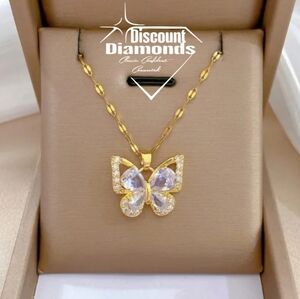 18K Yellow  Gold Titanium Butterfly Necklace with Clear White Diamonds